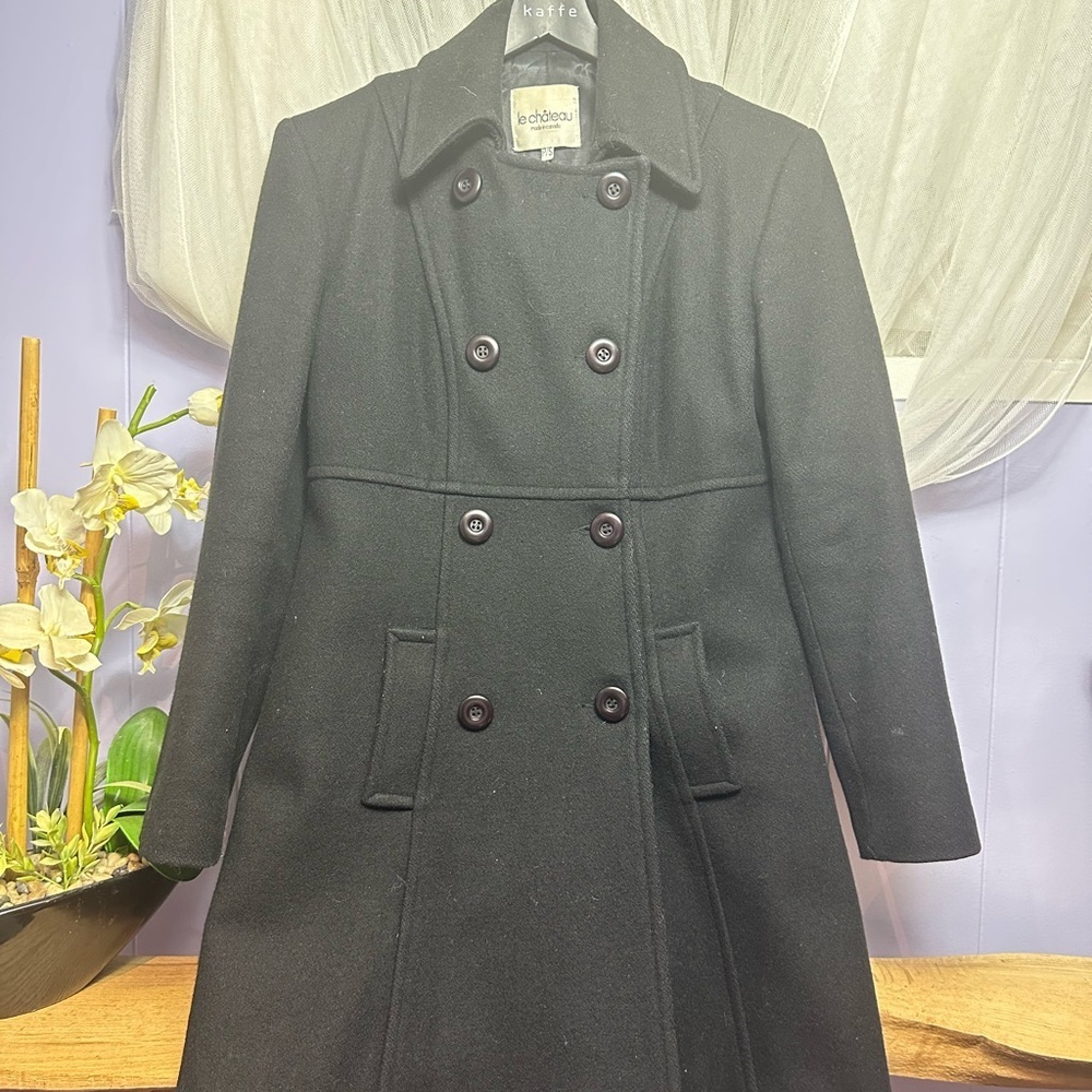 Vintage Le Chateau Women's Elegant Black Pea Coat Wool